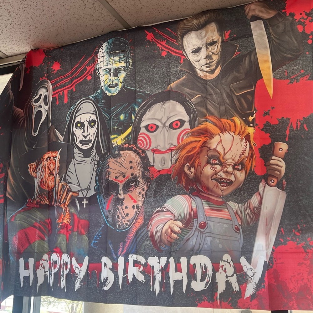 Horror Movie Birthday banners and cake topper